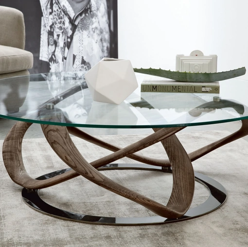 Tavolino in cristallo con base in legno massello Infinity di Porada