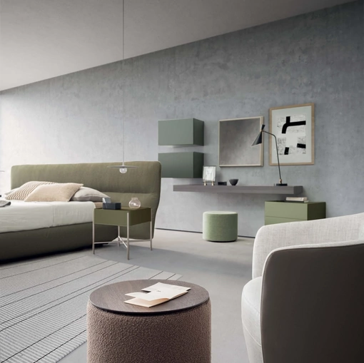 Pouf cilindrico in tessuto con piano di appoggio in essenza Pilar di Presotto