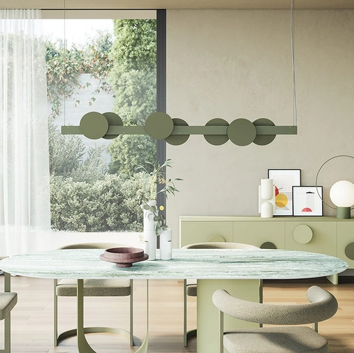 Lampada a sospensione Sundown composta da una barra in metallo verniciato ed elementi magnetici decorativi in metallo di Ronda Design