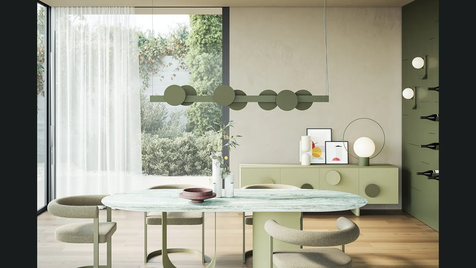 Lampada a sospensione Sundown composta da una barra in metallo verniciato ed elementi magnetici decorativi in metallo di Ronda Design