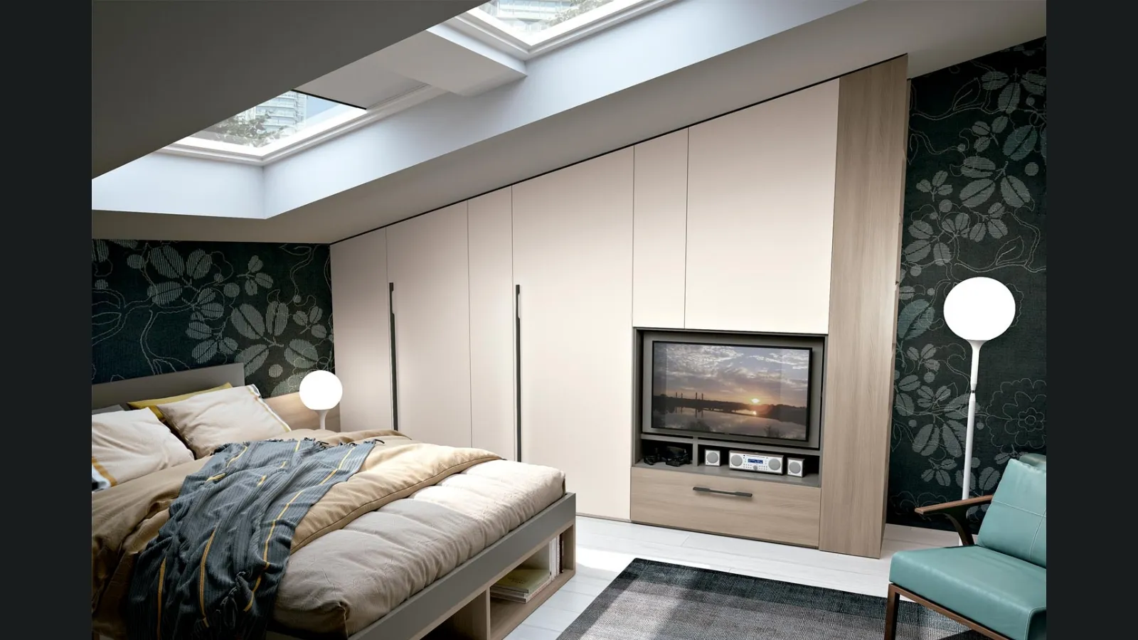 Armadio su misura per mansarde con vano porta TV Composizione 05 di Ferrimobili