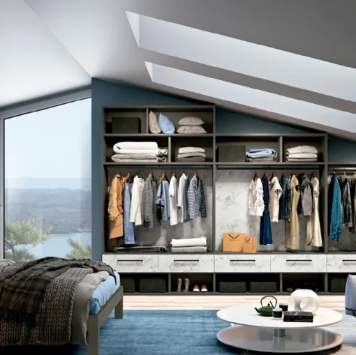 Cabina Armadio mansardata in melaminico e materico effetto marmo di Carrara Look 13 di Ferrimobili