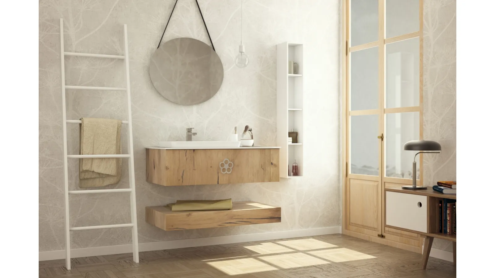 Mobile da bagno sospeso in legno con maniglia margherita in metallo Epoque EQ09 di Arteba