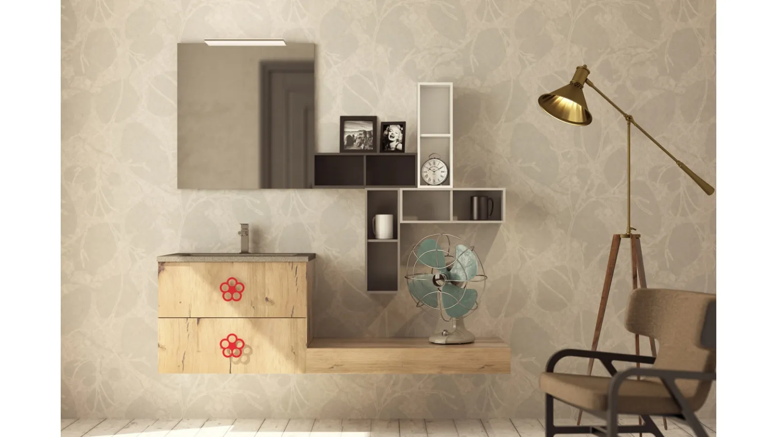 Mobile da bagno sospeso in legno con maniglia margherita rossa Epoque EQ04 di Arteba