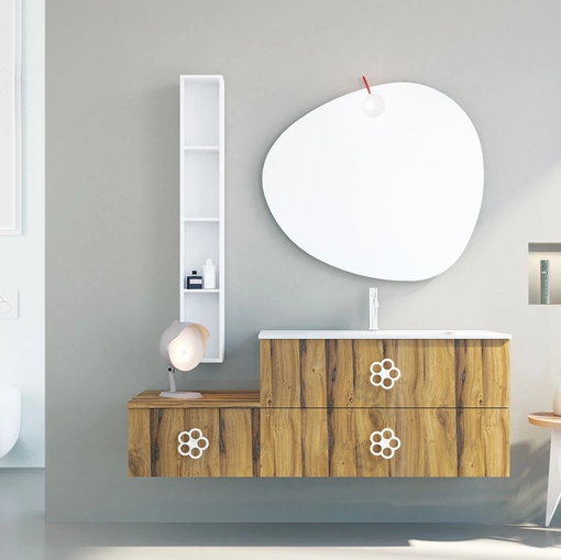Mobile da Bagno sospeso in legno con maniglia in metallo a forma di fiore Linea LN29 di Arteba