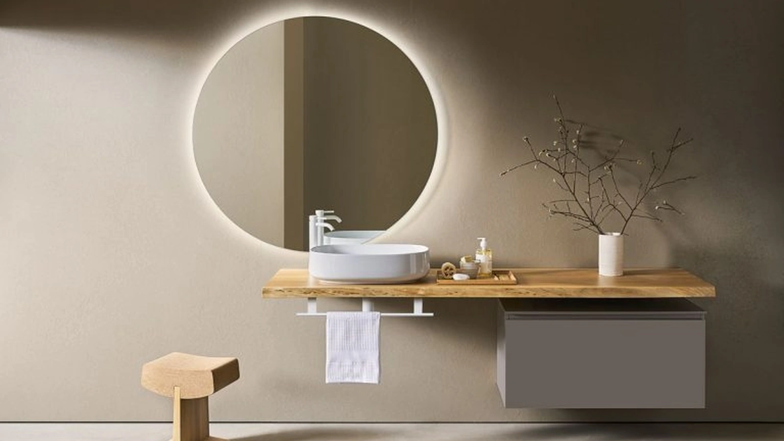 Mobile da Bagno Midi 107 in laccato Tortora con top in Rovere di Pirovano Bagni