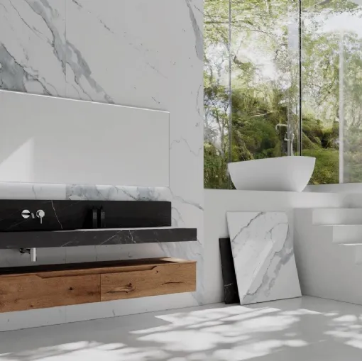 Mobile da bagno sospeso in legno con top in HPL effetto marmo Rustech RT15 di Arteba