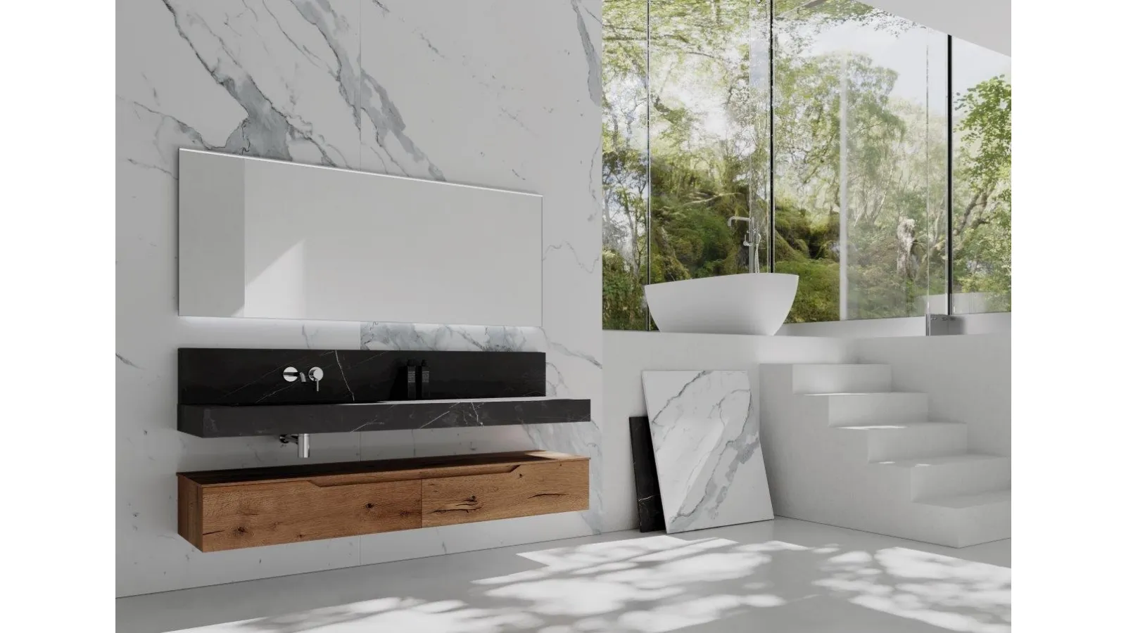 Mobile da bagno sospeso in legno con top in HPL effetto marmo Rustech RT15 di Arteba