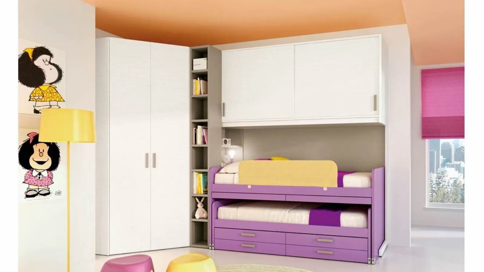 Cameretta 622 a ponte con armadio angolare e secondo letto estraibile di Ferrimobili