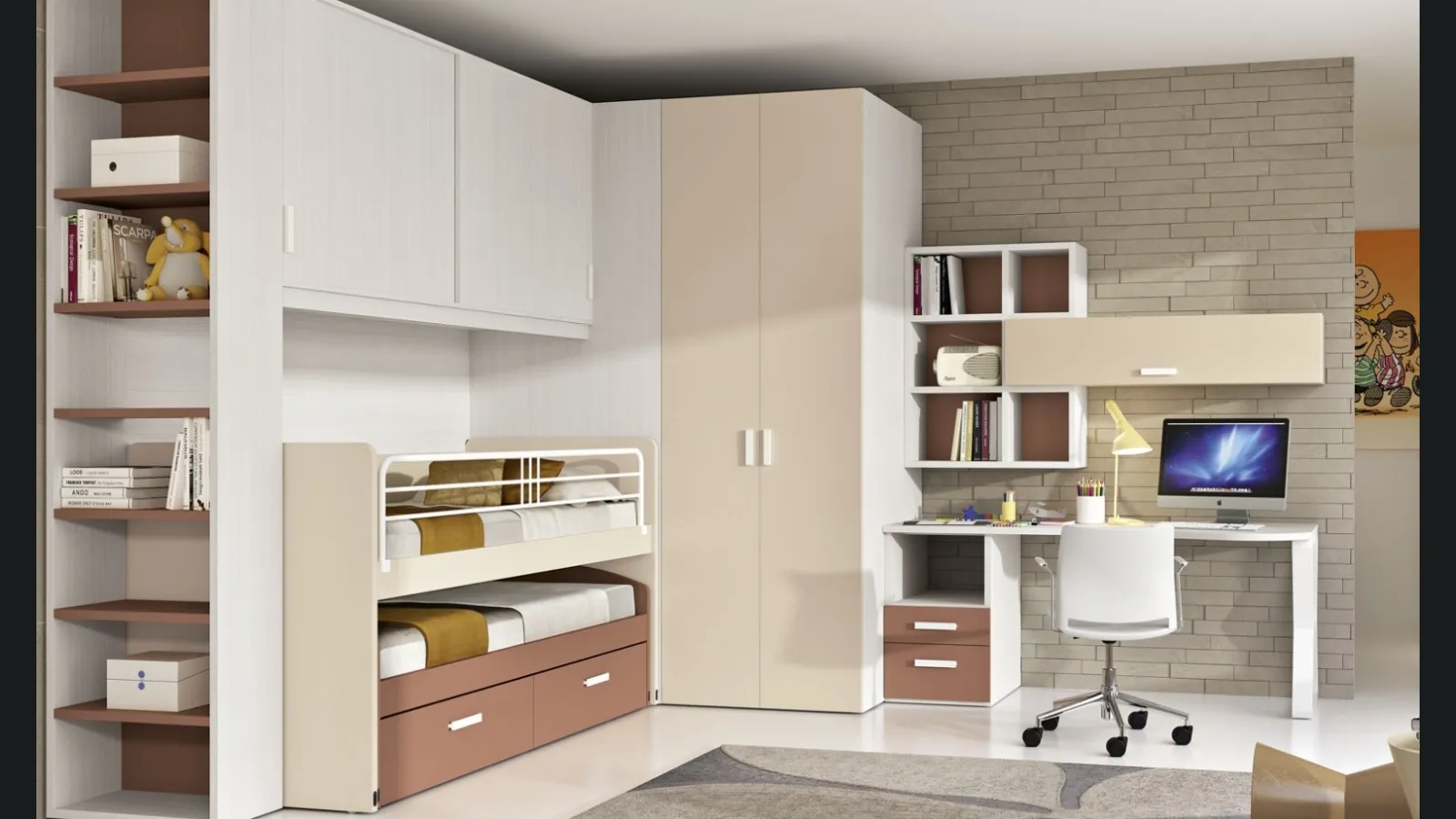 Cameretta 144 a ponte con secondo letto estraibile e scrivania di Ferrimobili