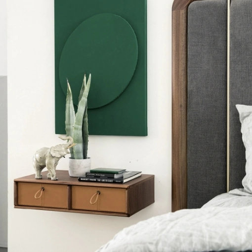 Comodino sospeso Bayus in legno con cassetti in cuoio di Porada