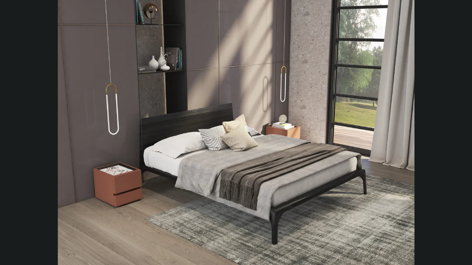 Letto in legno impiallacciato Frassino tinto nero Relevè di Presotto