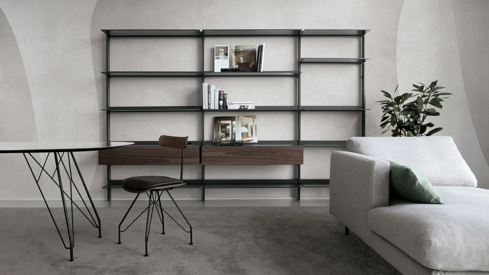 Libreria EWS configurazione 05 in alluminio verniciato ghisa, laccato e noce di Extendo