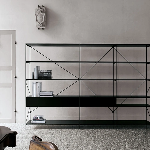 Libreria divisoria XY configurazione 30 in alluminio con ripiani in vetro di Extendo