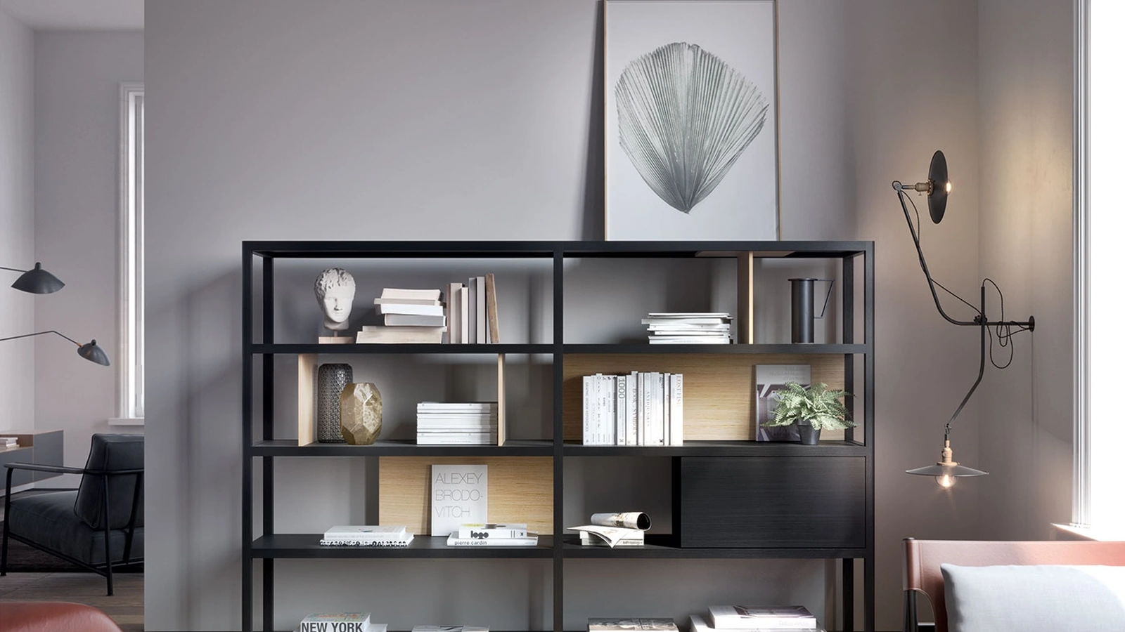 Libreria Kai finitura Light Oak e Kai Black di Treku