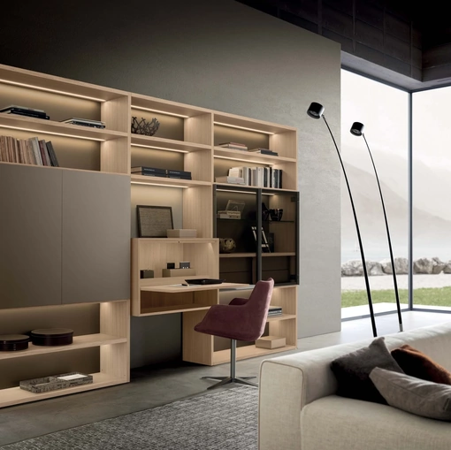 Libreria Pari & Dispari 09 in legno con ante in laccato opaco e vetro di Presotto