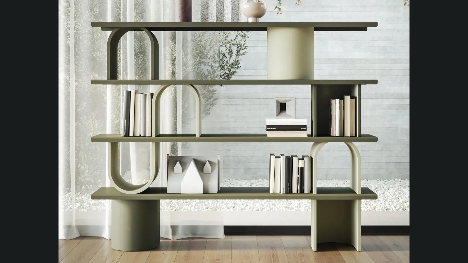 Libreria divisoria Libera Round in legno laccato con ripiani in metallo di Ronda Design