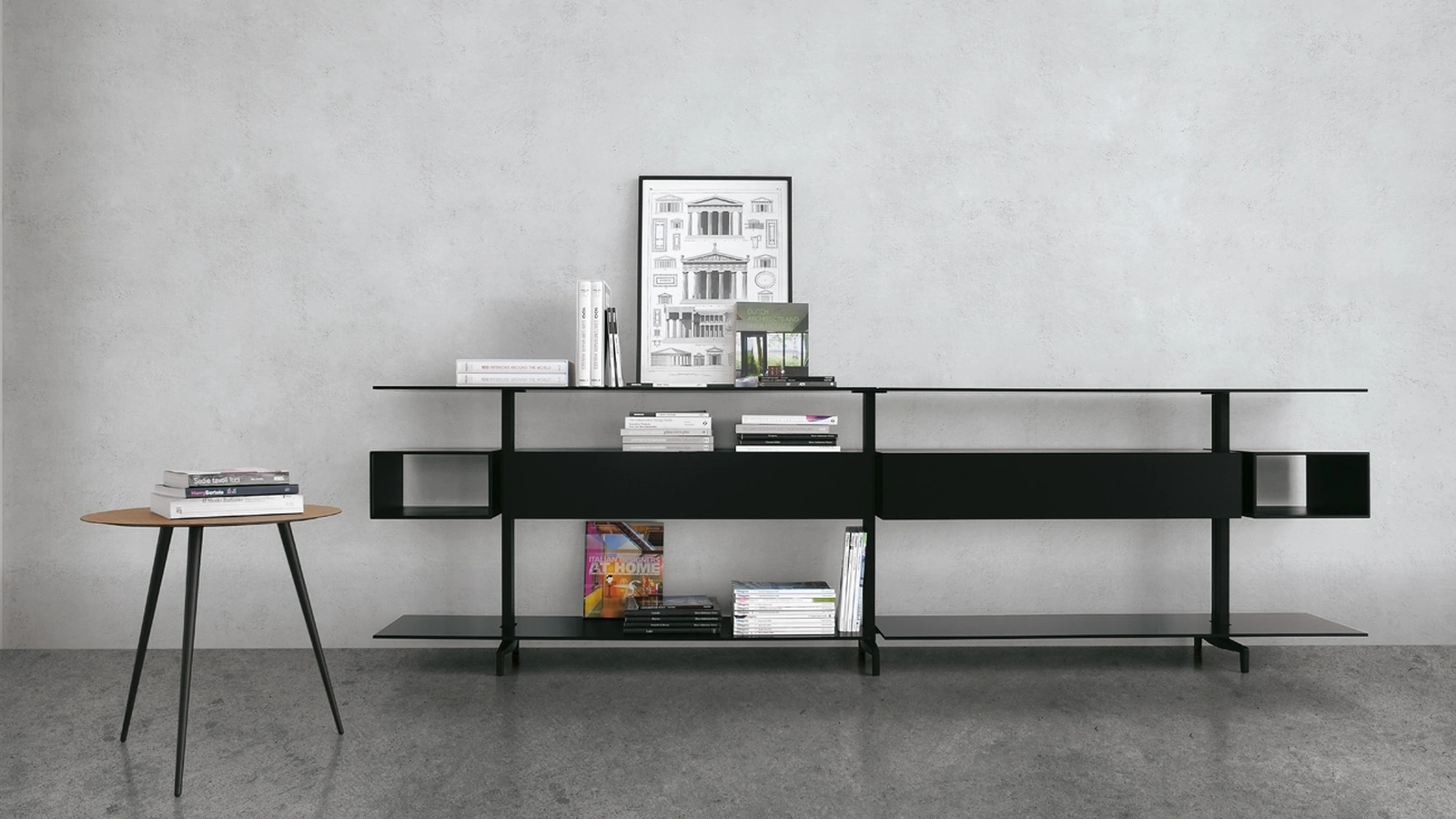 Libreria in alluminio nero con frontali e ripiani in vetro laccato nero System configurazione 52 di Extendo