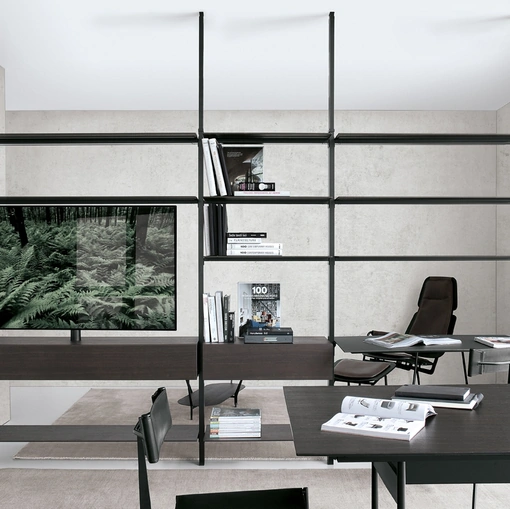 Libreria divisoria in HPL rovere e nero con struttura in alluminio System configurazione 54 di Extendo