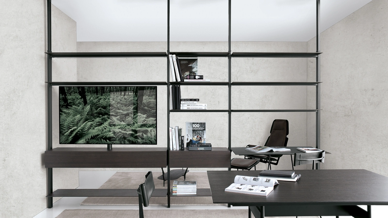 Libreria divisoria in HPL rovere e nero con struttura in alluminio System configurazione 54 di Extendo