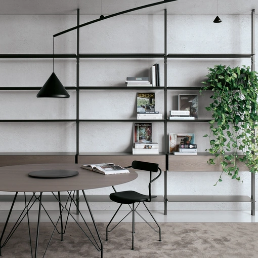 Libreria componibile in laccato opaco con frontali in HPL frassino argilla System configurazione 56 di Extendo