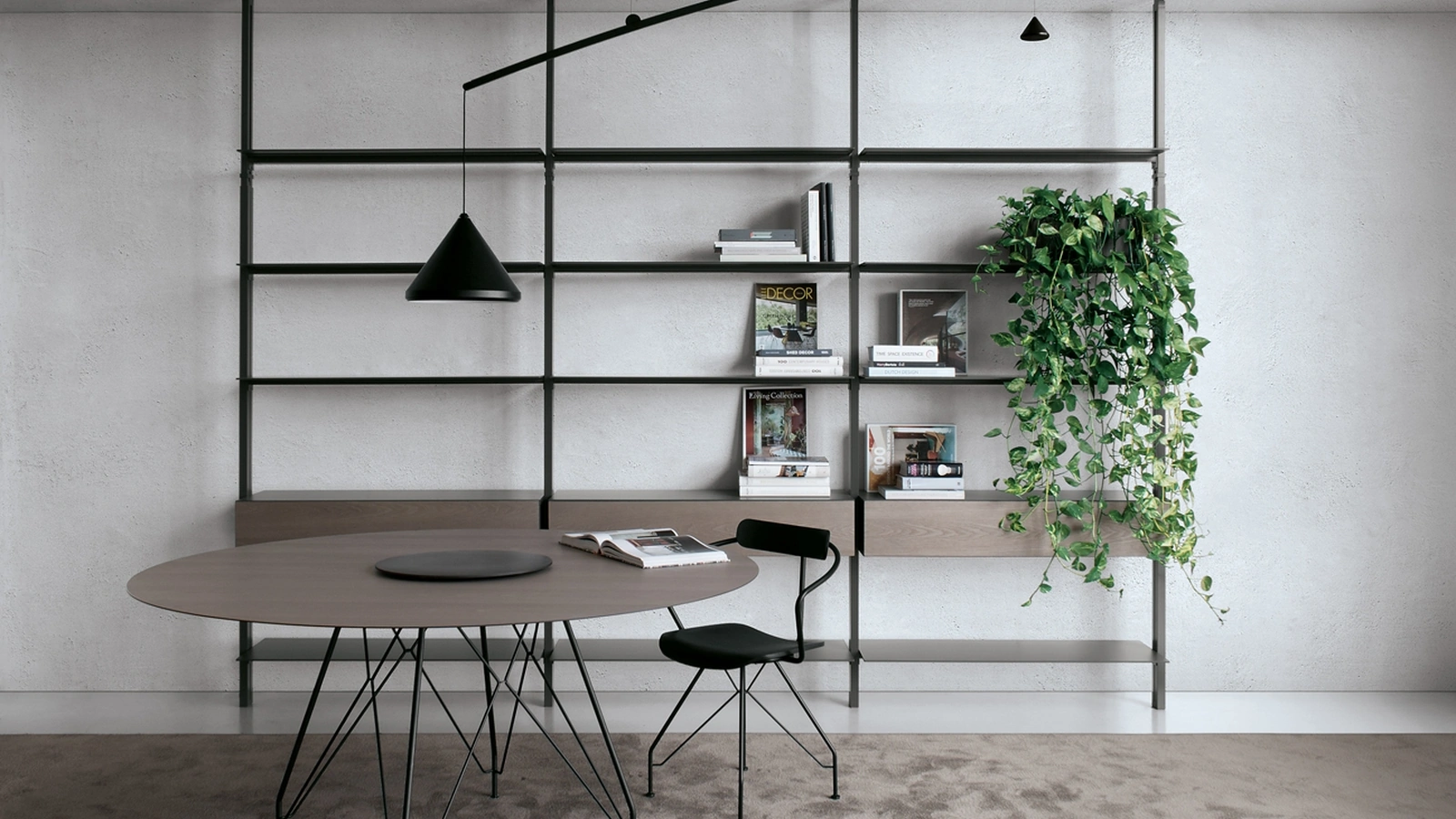 Libreria componibile in laccato opaco con frontali in HPL frassino argilla System configurazione 56 di Extendo