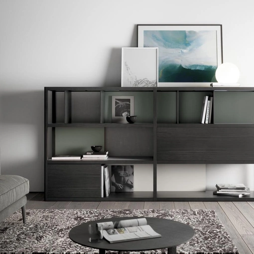 Libreria Kai finitura Kai Black e laccato Moss di Treku