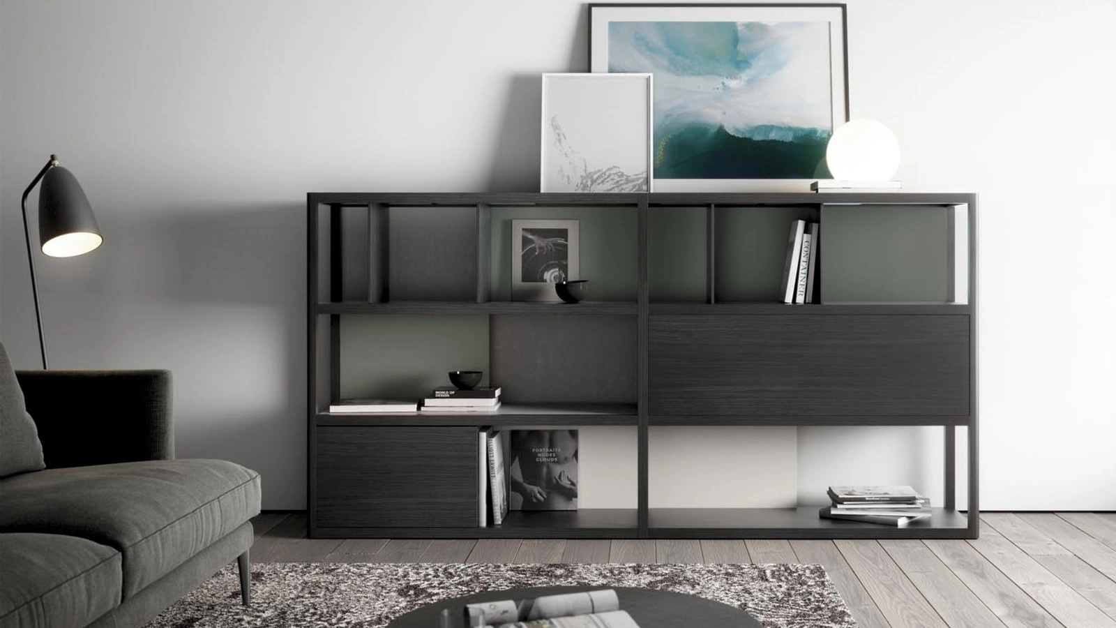 Libreria Kai finitura Kai Black e laccato Moss di Treku