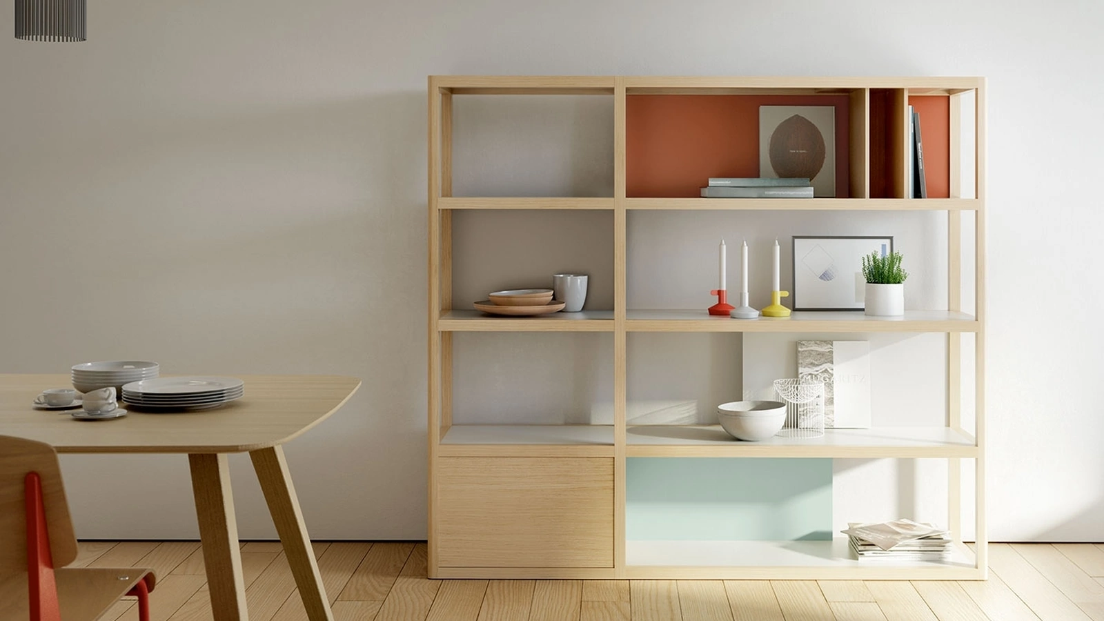 Libreria Kai finitura in Light Oak e Brick di Treku