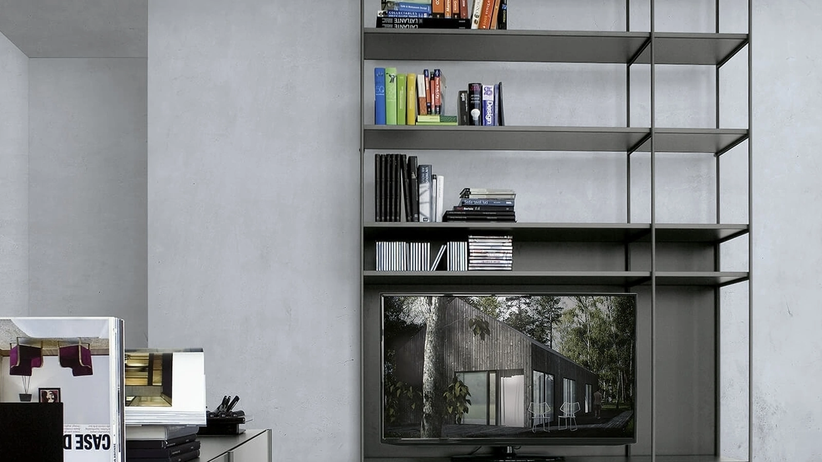 Libreria in alluminio con pannello retro TV in MDF laccato nero XY configurazione 09 di Extendo