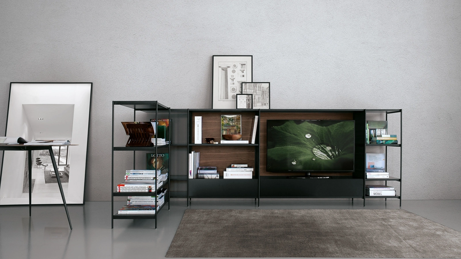 Libreria angolare in alluminio con frontali in vetro laccato nero e schienale in MDF noce XY configurazione 29 di Extendo