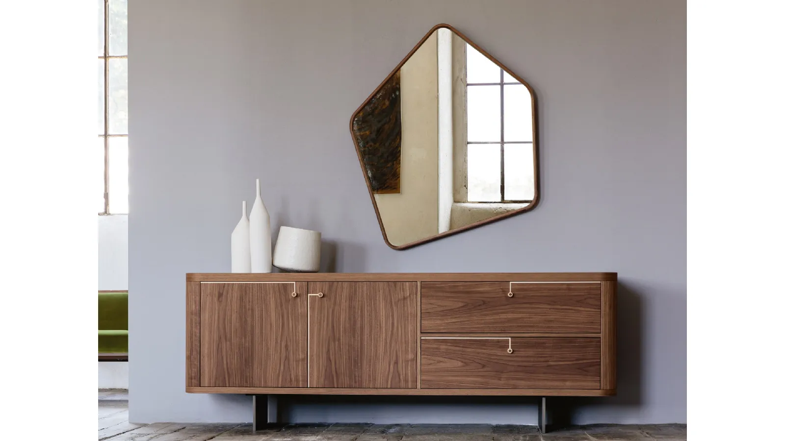 Madia con intarsio in acero naturale Rondò di Porada