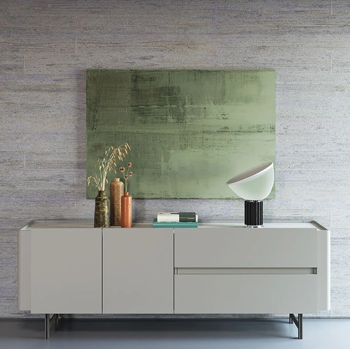 Madia Surf in laccato grigio silk con top in hpl marble sand di Astor Mobili