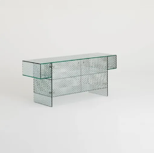 Mobile ingresso Robotin realizzato in cristallo specchiante con pattern decorativo a bolli trasparenti di Glas Italia