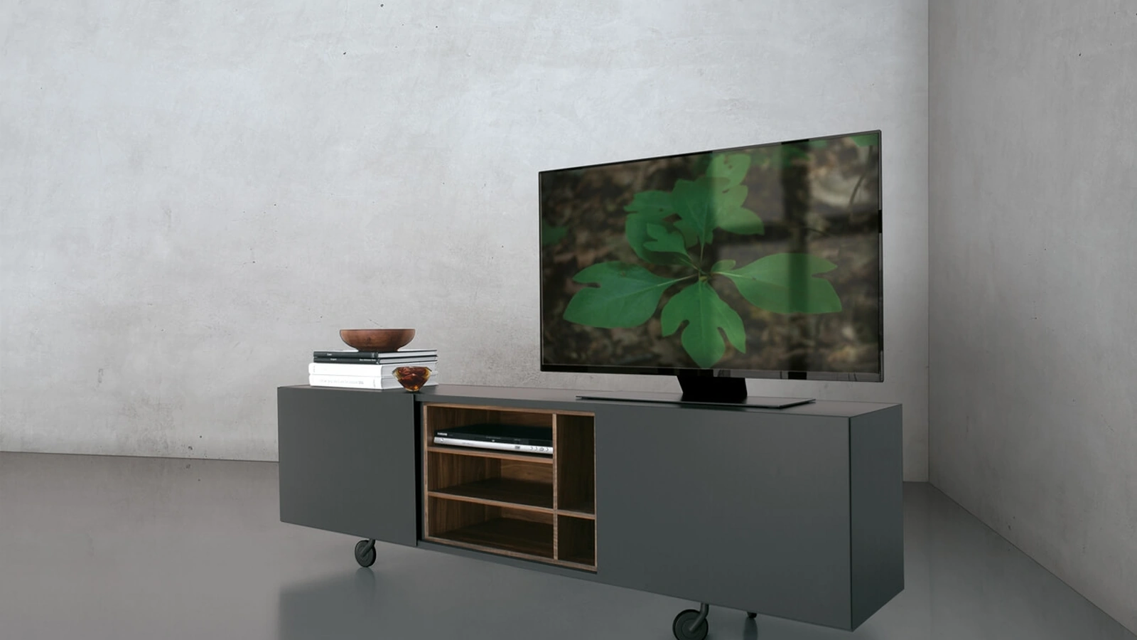 Mobile Porta Tv con frontali in vetro laccato antracite e contenitore interno in noce Monolith configurazione 04 di Extendo