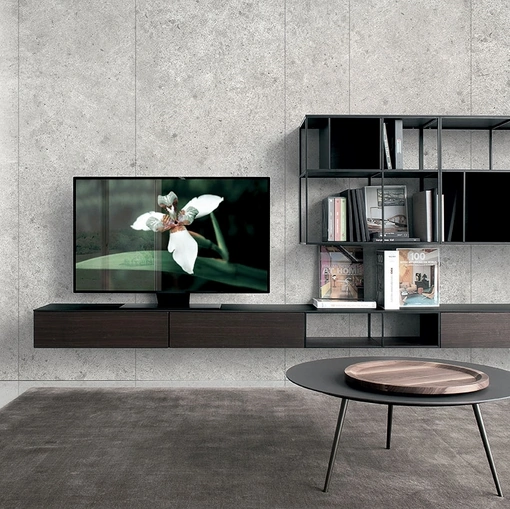 Parete Attrezzata in HPL rovere affumicato con ripiani in acciaio Atelier configurazione 06 di Extendo