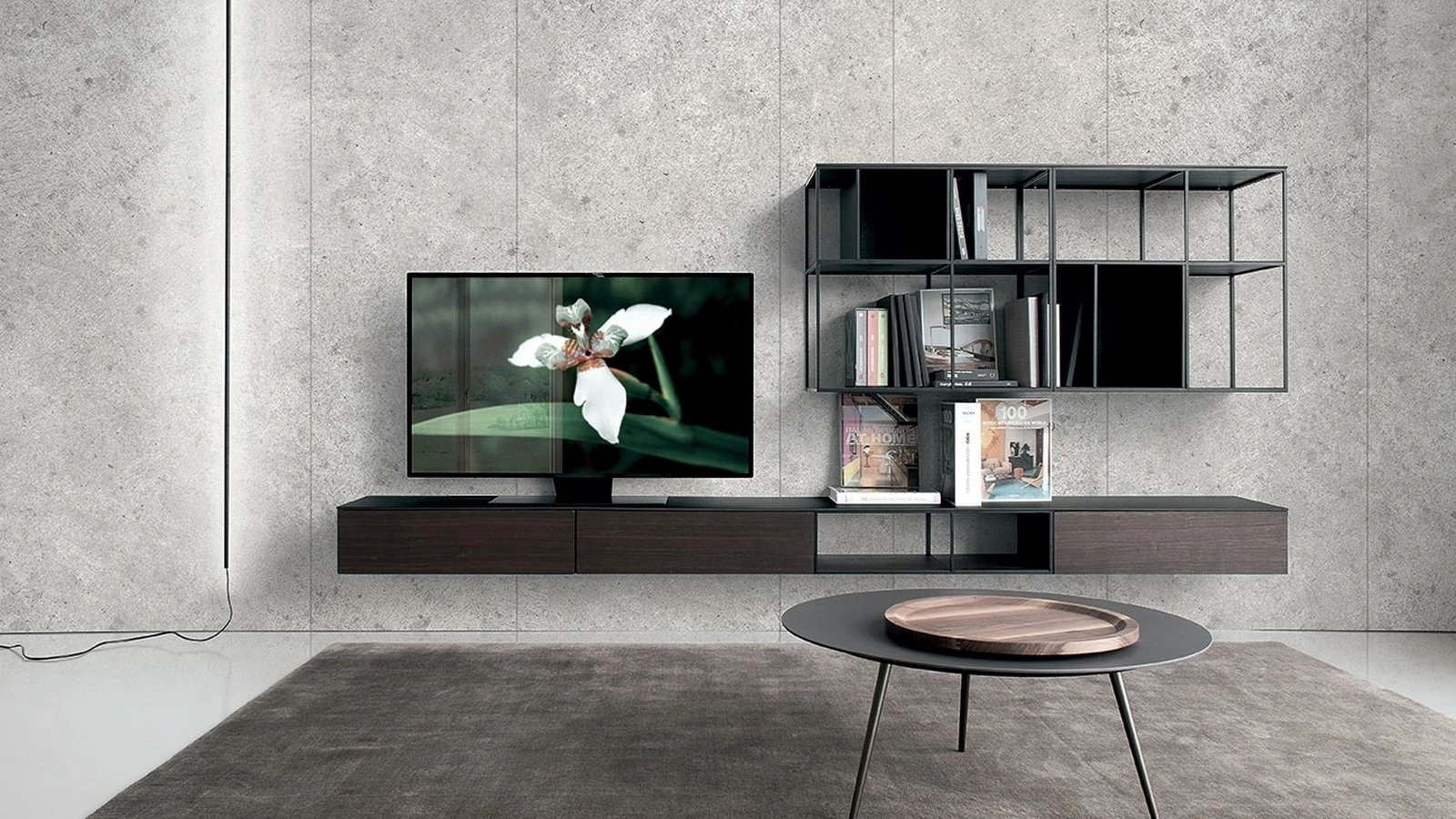 Parete Attrezzata in HPL rovere affumicato con ripiani in acciaio Atelier configurazione 06 di Extendo