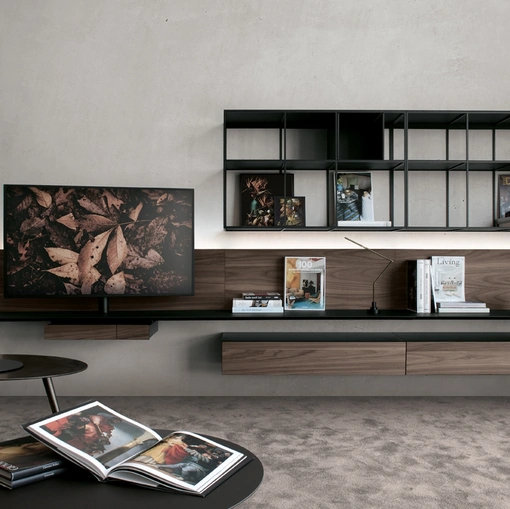 Parete Attrezzata in HPL effetto Noce con ripiani in acciaio Atelier configurazione 11 di Extendo