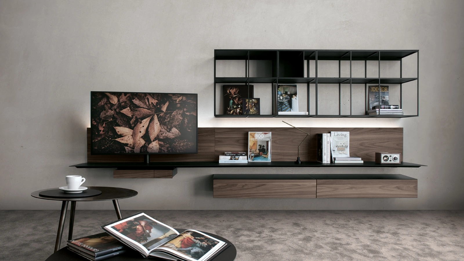 Parete Attrezzata in HPL effetto Noce con ripiani in acciaio Atelier configurazione 11 di Extendo