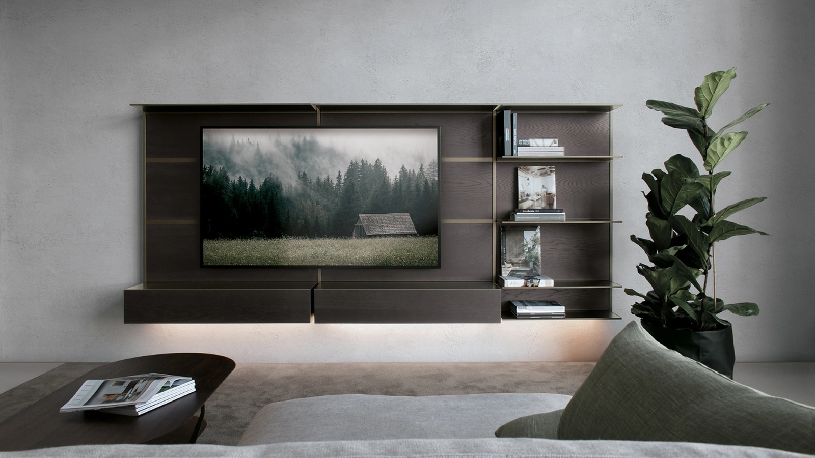 Parete Attrezzata sospesa in HPL rovere affumicato EWS configurazione 03  di Extendo