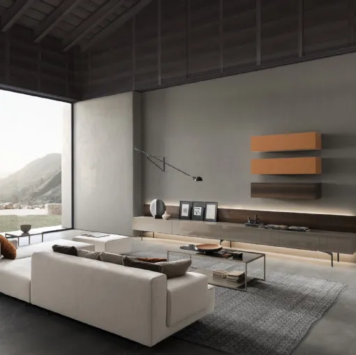 Parete Attrezzata I-ModulART 05 in laccato lucido e legno con pensili in laccato opaco e legno di Presotto