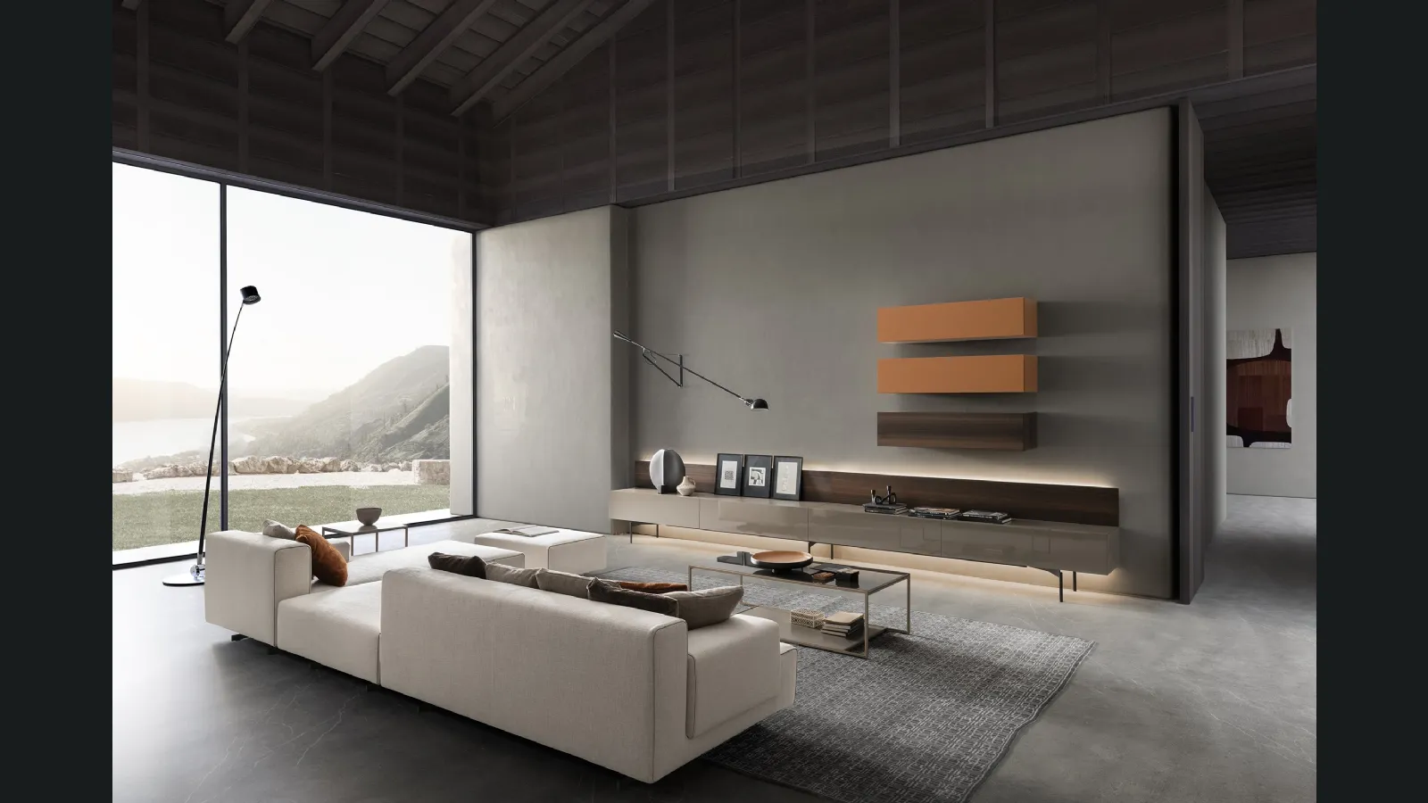 Parete Attrezzata I-ModulART 05 in laccato lucido e legno con pensili in laccato opaco e legno di Presotto