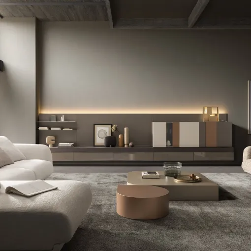 Parete Attrezzata sospesa I-ModulART 04 in laccato lucido, opaco e legno di Presotto