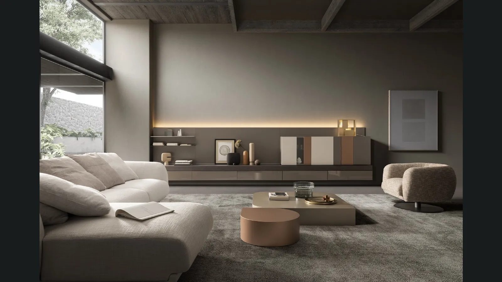 Parete Attrezzata sospesa I-ModulART 04 in laccato lucido, opaco e legno di Presotto