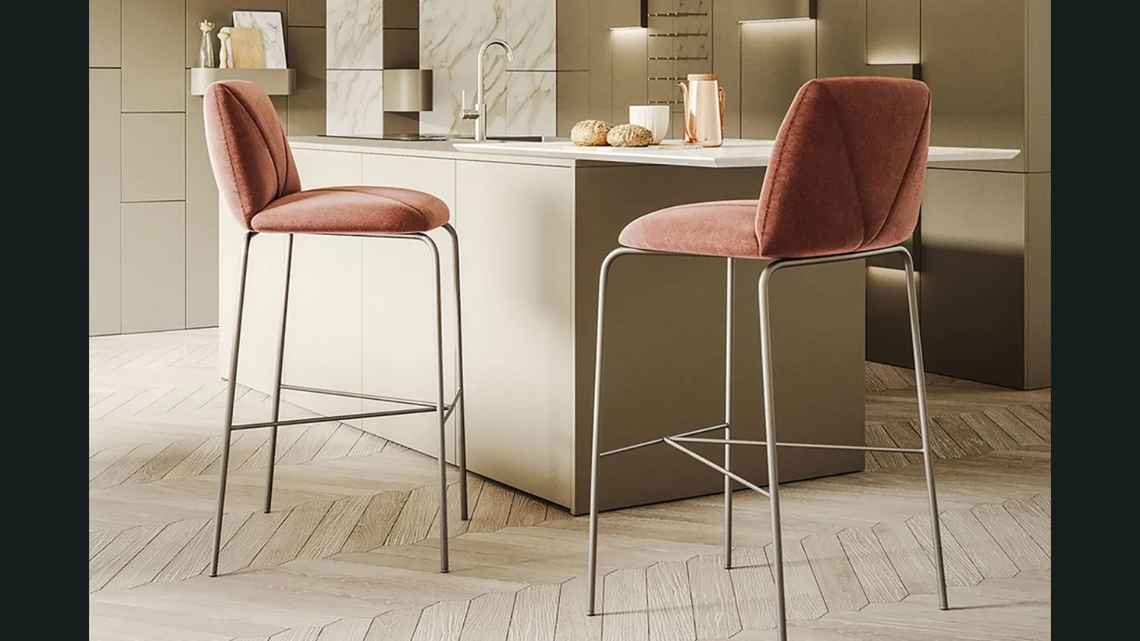 Sgabello Mantra in velluto con gambe in metallo di Ronda Design