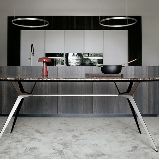 Tavolo Balance configurazione 01 con top in marmo Emperador Dark e telaio in acciaio bronzo di Extendo