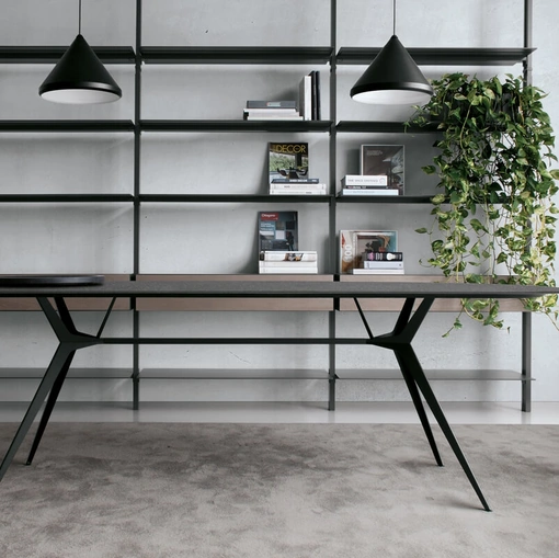 Tavolo Balance configurazione 09 con top in ceramica cardoso e telaio in acciaio di Extendo