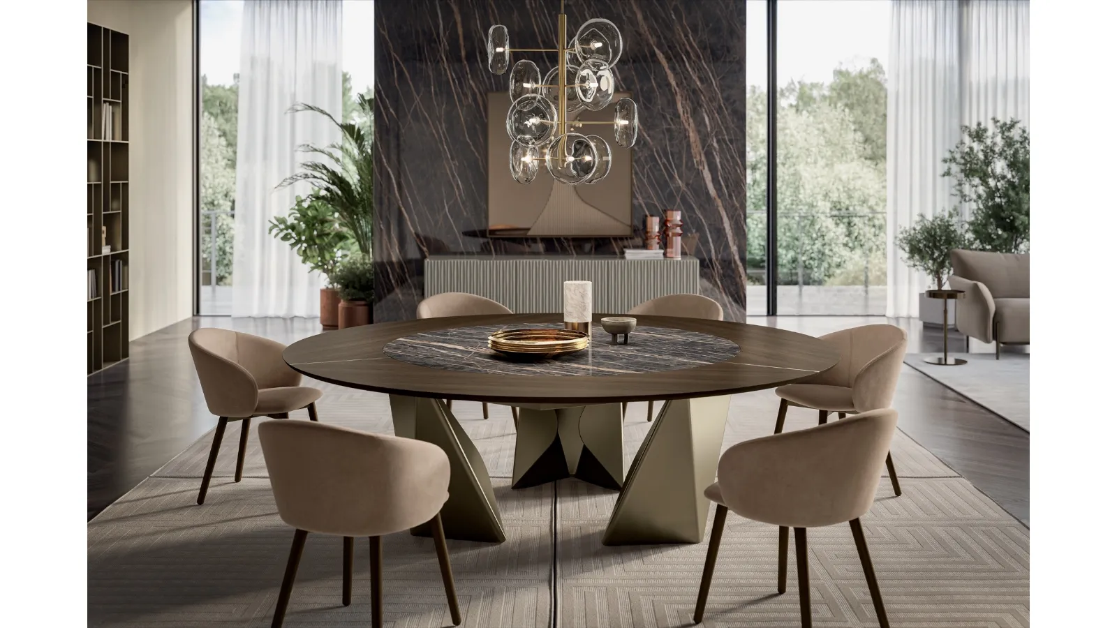 Tavolo rotondo in legno e SuperMarmo Kaleido di Bontempi