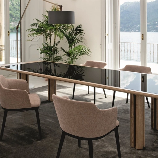 Tavolo Quadrifoglio in legno con top in cristallo retrolaccato Porada