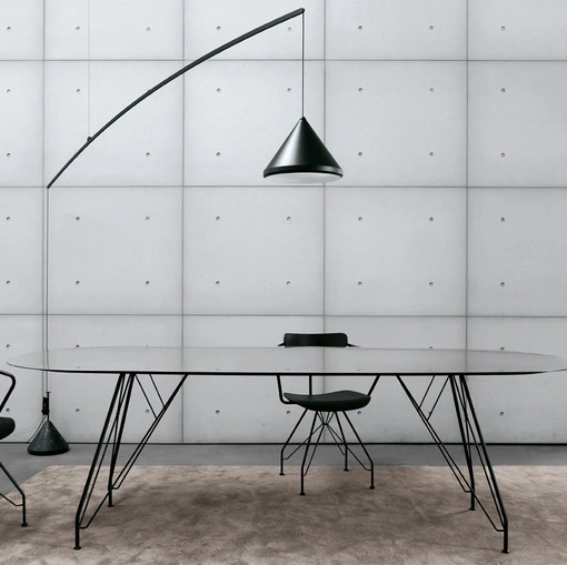 Tavolo ovale con top in HPL Inox e telaio in acciaio nero T11 configurazione 02 di Extendo